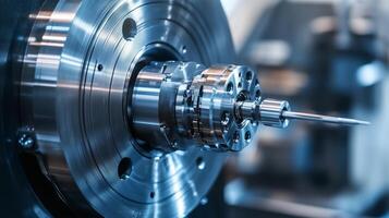 Precision machining process in a high-tech factory showcasing intricate metal components and tools used for manufacturing photo