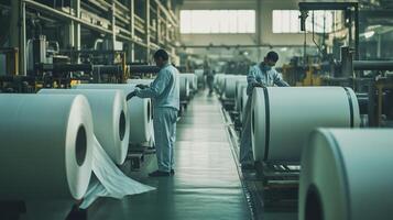 Workers processing large rolls of paper in a manufacturing facility during the day in a well-lit industrial environment photo