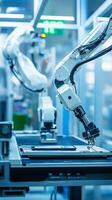 Advanced robotic arm performing precise assembly tasks in a modern manufacturing facility during daylight hours photo