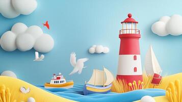 A vibrant coastal scene with a lighthouse surrounded by boats and seagulls on a sunny day with fluffy white clouds photo