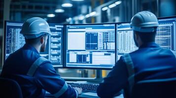 Engineers monitor data on multiple screens in a control room at night, ensuring smooth operations and safety in the facility photo