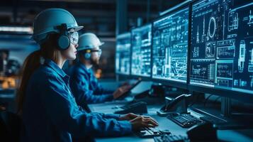 Engineers analyzing data on multiple monitors in a modern control room during a night shift photo
