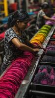 A woman sorts vibrant dyed fabrics in a textile workshop, showcasing a colorful array of textiles and intricate craftsmanship photo