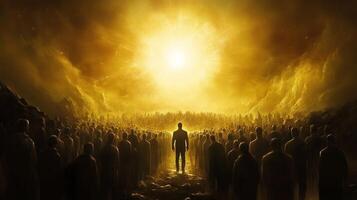 Crowds of figures await a radiant figure in a golden landscape under a brilliant light, symbolizing hope and unity photo