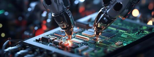 Robotic arms assembling electronic circuits in a technology lab during a focused research session photo