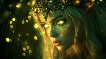 Elven queen with glowing eyes surrounded by ethereal lights in a mystical forest at twilight photo