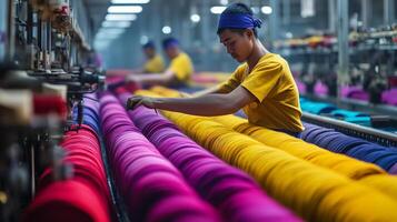 Workers arranging colorful yarn in a textile factory during the daytime in a vibrant production environment photo