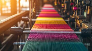Vibrant threads align on a weaving loom in a textile workshop at sunset, showcasing the art of fabric creation photo