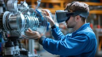 Young technician using virtual reality technology for machinery maintenance in a workshop environment during daytime photo