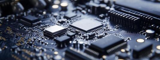 Close-up view of a complex circuit board featuring various microchips and electronic components in abstract composition photo