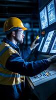 A worker in a hard hat operates complex machinery in a control room during evening hours photo