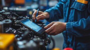 Mechanic using a tablet to diagnose an engine issue in an automotive workshop during the day photo