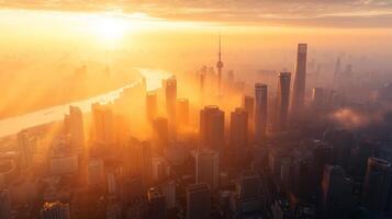 Stunning sunset view of a vibrant city skyline illuminated by golden light over the river in Shanghai photo