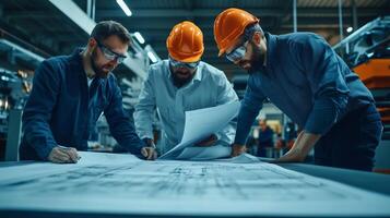 Three engineers examine blueprints in a factory during a collaborative project meeting focused on construction plans photo