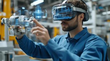 A technician using virtual reality equipment to interact with digital models in a modern manufacturing facility photo