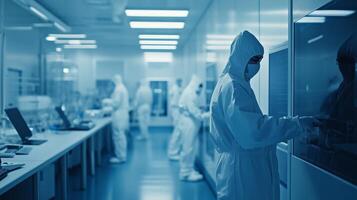 Researchers in laboratory coats work on experiments in a modern lab equipped with advanced technology during the evening hours photo
