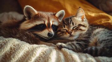 A raccoon cuddles with a sleeping kitten on a cozy blanket during a sunny afternoon indoors photo