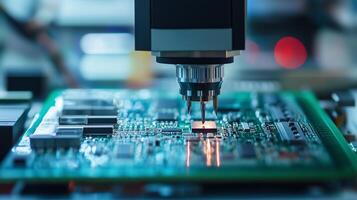 Close-up view of a precision machine inspecting a circuit board during advanced electronics manufacturing process photo
