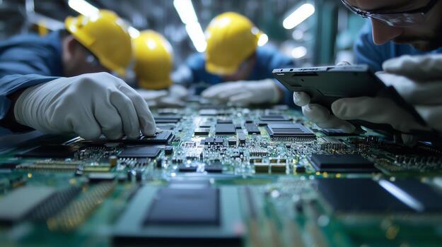 Technicians assembling electronic circuit boards in a factory setting during daytime operations photo