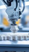 A close-up of a 3D printer in operation creating a detailed part in a modern manufacturing facility in the afternoon photo