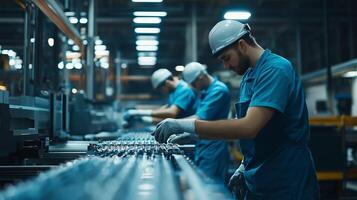 Workers assembling electronic components in a modern factory during daylight hours photo