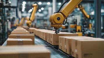 Automated robotic arms handling packages on a conveyor belt in a modern warehouse during daytime operations photo
