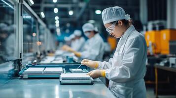 A worker in a cleanroom prepares electronic components in a high-tech facility during evening hours, focusing on precision and safety measures photo