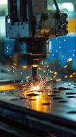 Industrial laser cutting machine creating sparks in a workshop during daytime operations with metal sheets photo