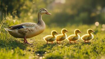 Mother duck leads her adorable ducklings along a grassy path during sunset in a serene park setting photo