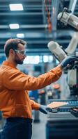A technician operates a robotic arm in a modern manufacturing facility during the daytime photo