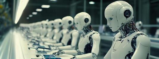 Robotic assembly line in a futuristic factory during a high-tech manufacturing process photo