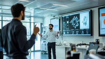 Engaging presentation on advanced technology in a modern lab setting during a corporate meeting in a well-lit conference room photo