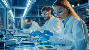 Scientists conduct precise experiments in a modern laboratory during the day, focusing on advanced technology and research photo