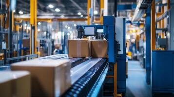 Packages moving on a conveyor belt in a busy warehouse during the day with automated machinery handling distribution tasks photo