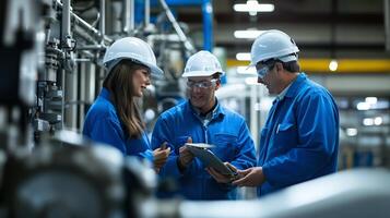 Team of engineers discussing a project in an industrial facility with pipes and machinery visible during the daytime photo