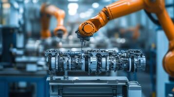 Automated robotic arm assembling engine components in a modern manufacturing facility during daylight hours photo