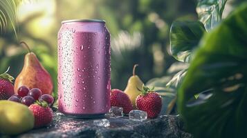 A refreshing pink beverage surrounded by fresh fruit on a warm summer day in a lush garden setting photo