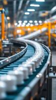 An automated conveyor belt in a modern factory transporting products during daytime operations photo