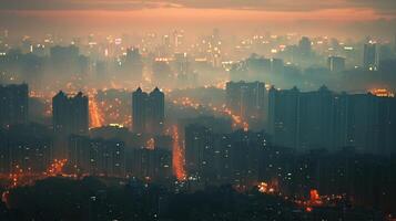 City skyline at dusk with illuminated buildings and mist creating a serene urban atmosphere in the twilight hour photo
