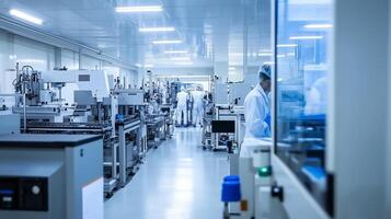 Cleanroom environment in a high-tech laboratory with scientists conducting research photo