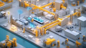 Aerial view of a modern industrial complex with yellow pipelines and high-tech equipment during daylight hours photo