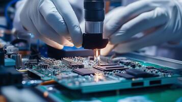 Technician performs precision work on electronic circuit board under focused light in a lab at a technology company photo