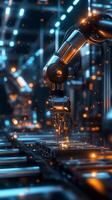 Advanced robotic arm performing precision assembly in a modern factory during evening shifts under ambient lighting photo