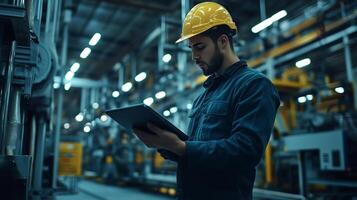 A worker in a safety helmet monitors machinery performance using a tablet in a busy industrial warehouse during the evening shift photo