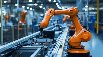 Robotic arm assembling components on a production line in a modern factory during the day photo