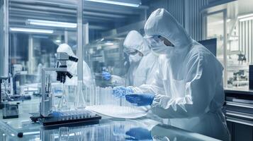 Researchers in lab coats conduct experiments in a high-tech laboratory during a late-night research session on biological samples photo