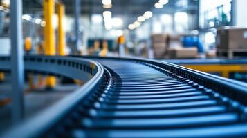 Curved conveyor belts transporting goods in a modern warehouse during daylight hours, showcasing efficient logistics operations photo