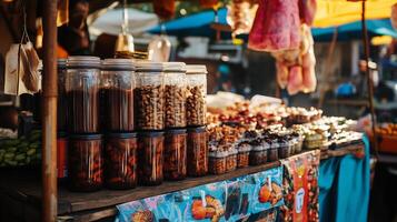 Vibrant street market display featuring jars of snacks and colorful produce at a bustling outdoor market in the late afternoon photo