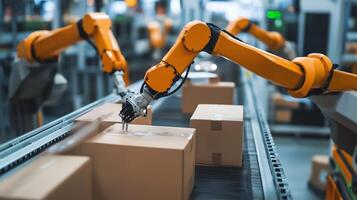 Robotic arms sorting packages on an assembly line in a modern warehouse during daytime operations photo
