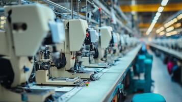 Modern sewing machines lined up in a large manufacturing facility during daylight work hours photo
